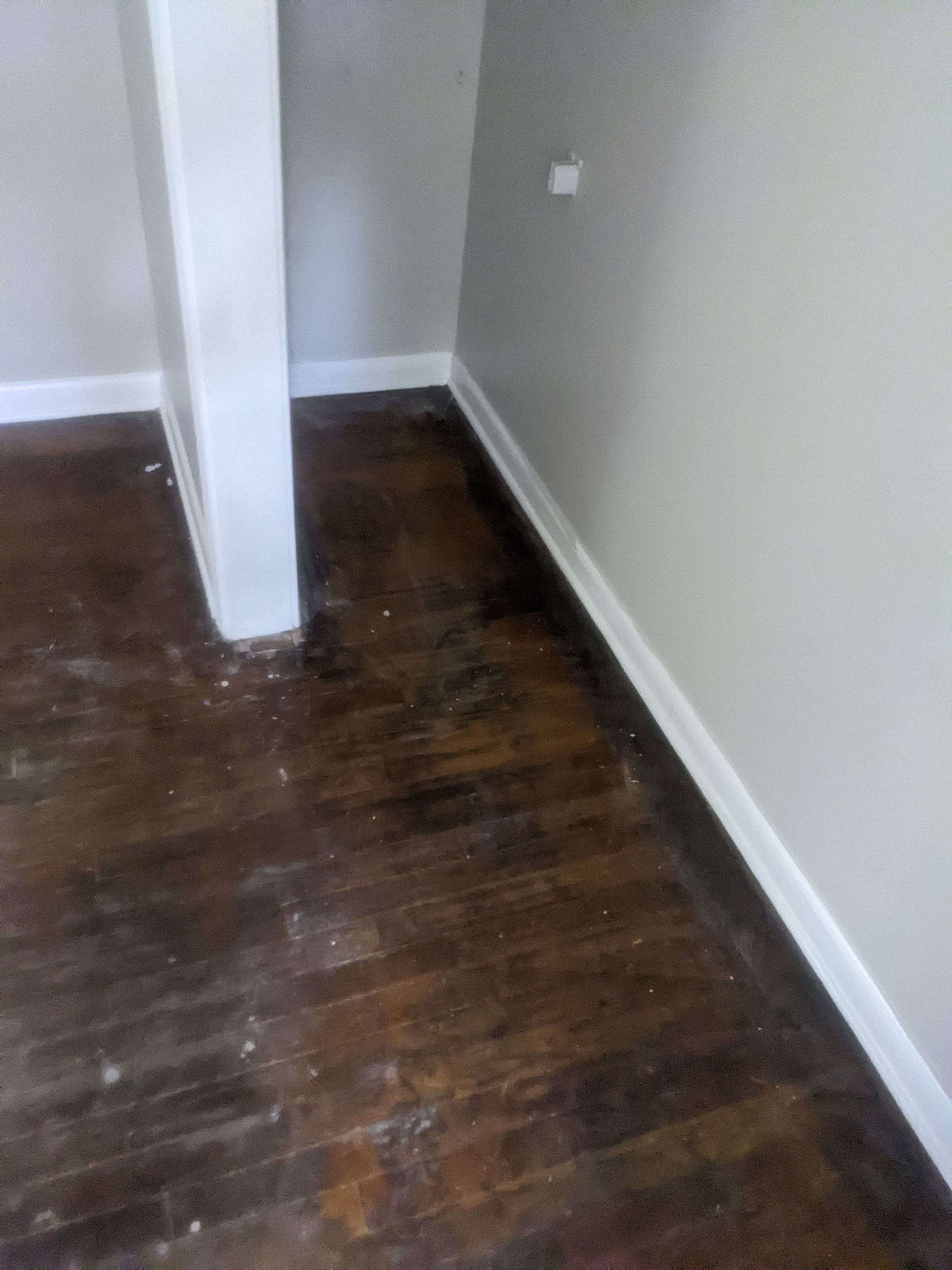 A room with a wooden floor and white trim.