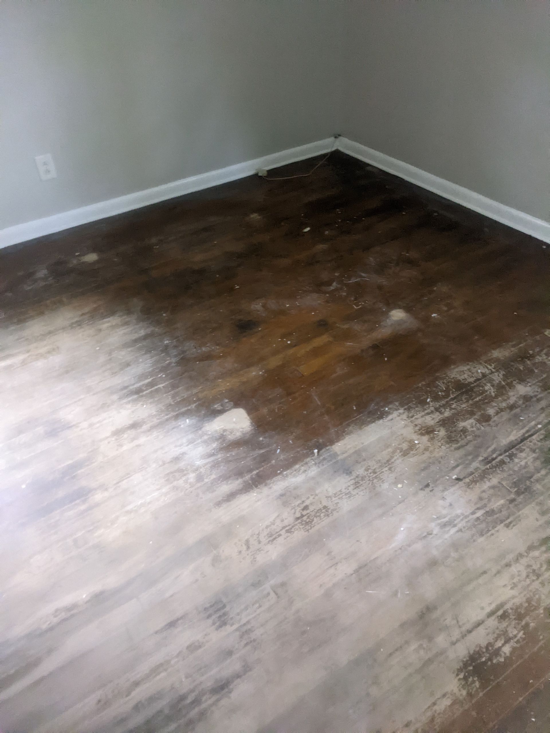 A room with a wooden floor and white trim.