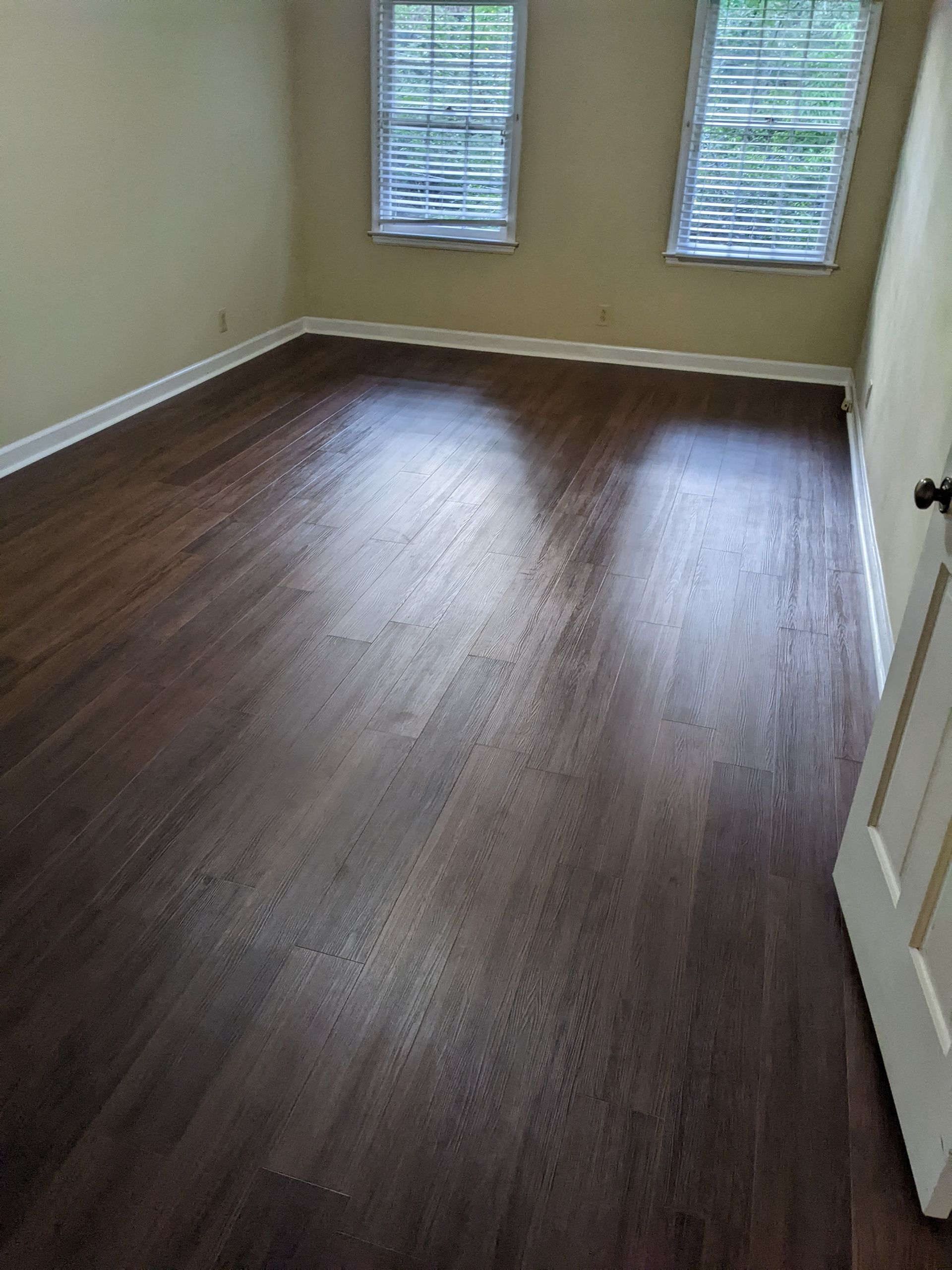 An empty room with hardwood floors and two windows.