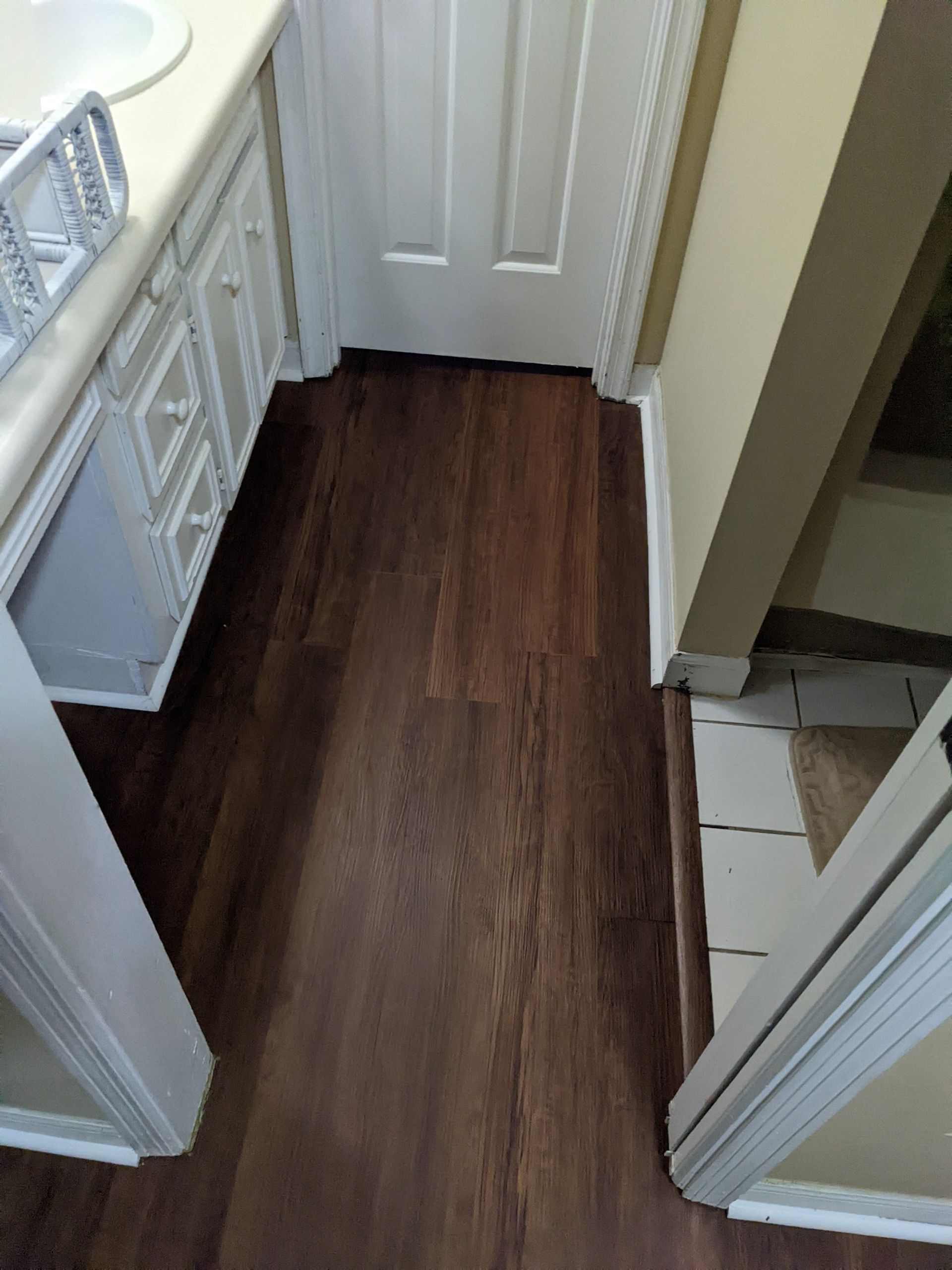A bathroom with hardwood floors and a sink.