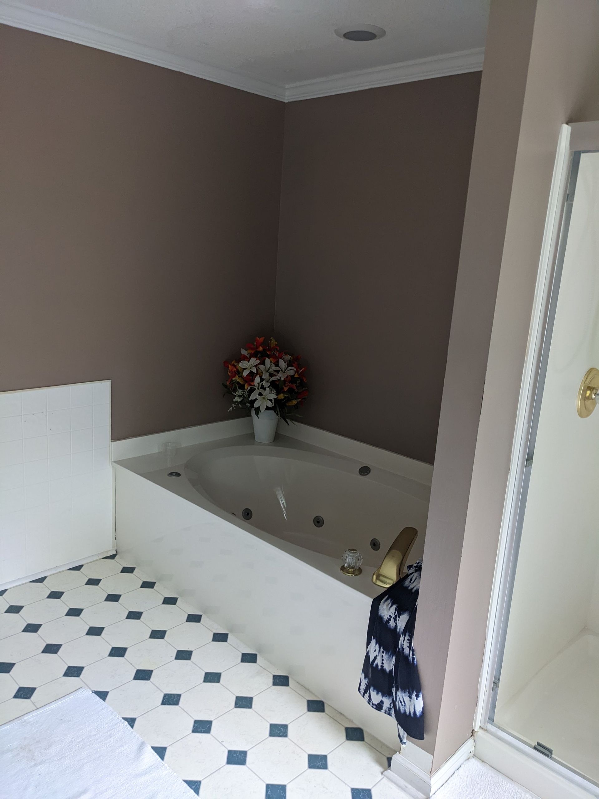 A bathroom with a jacuzzi tub and a shower