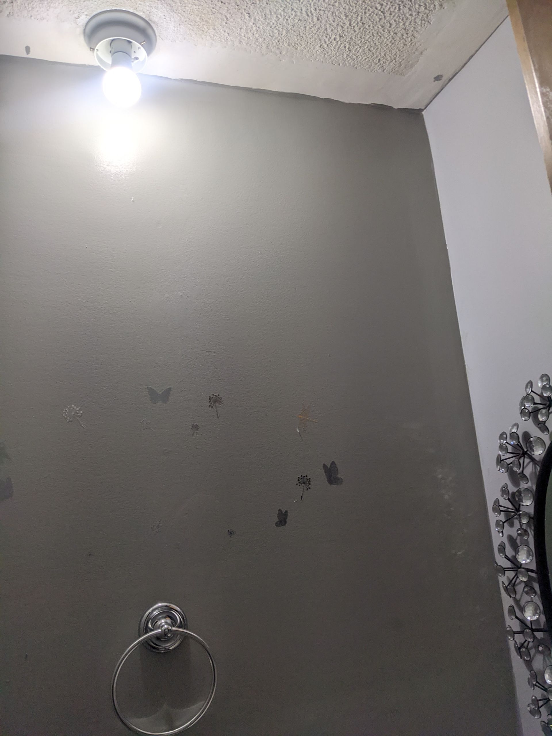 A bathroom with a light on the ceiling and a mirror.