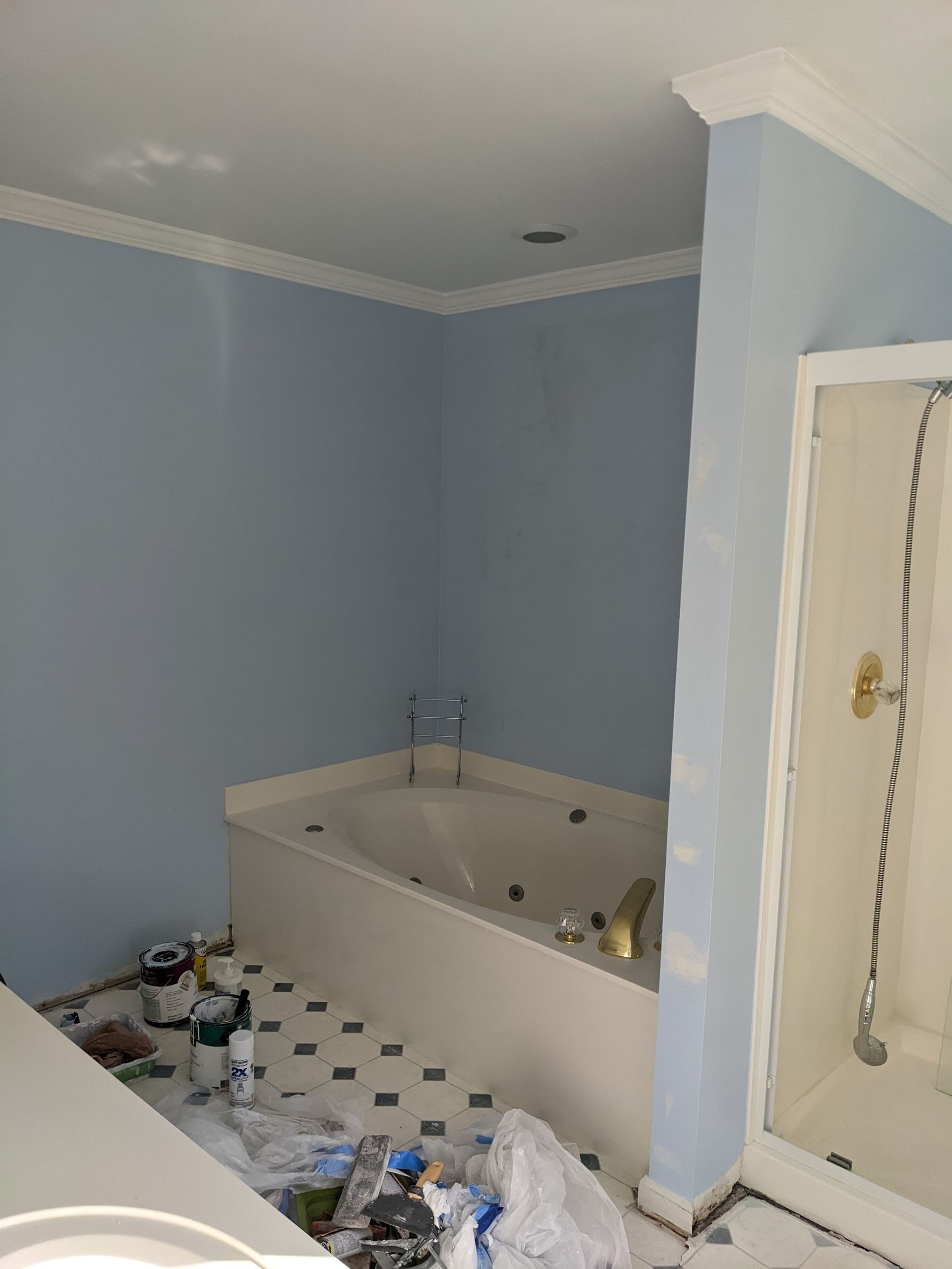 A bathroom with a bathtub and a shower being painted.