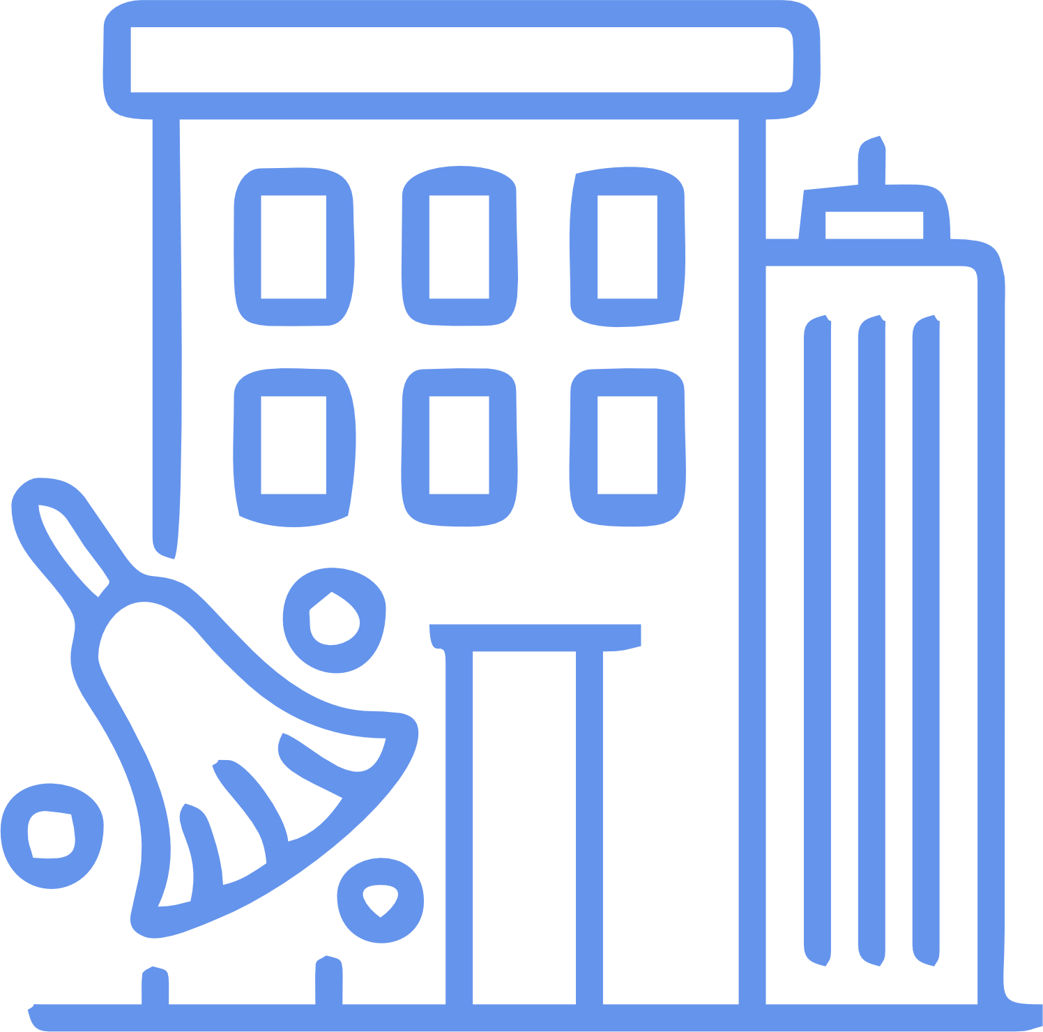 A blue line drawing of a building with a broom in front of it.