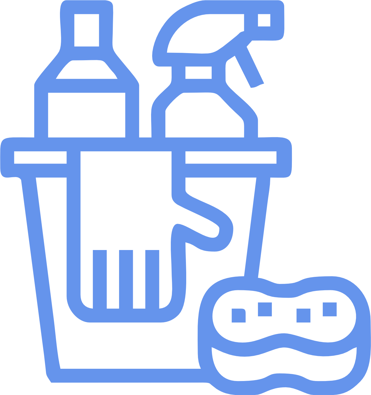 A blue cleaning icon with a bucket , spray bottles , gloves , and a sponge.
