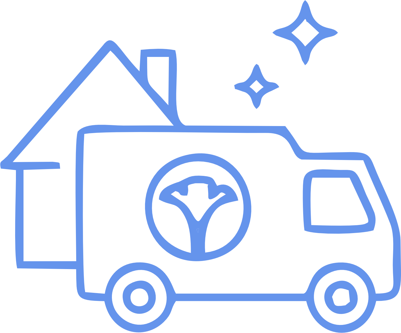 A blue line drawing of a delivery truck with a house in the background.
