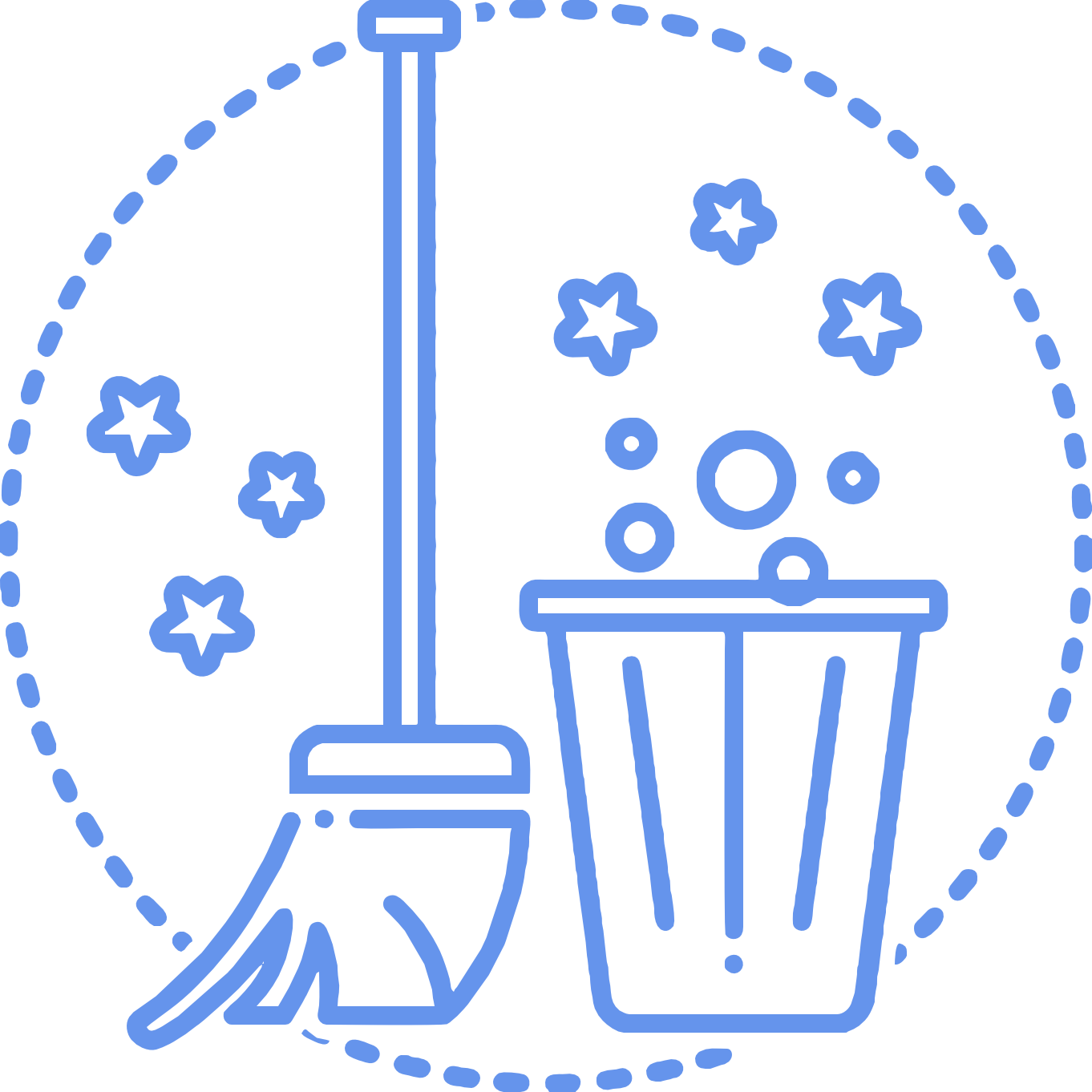 A blue line drawing of a mop , trash can and bucket.