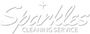 A white logo for sparkles cleaning service on a white background.