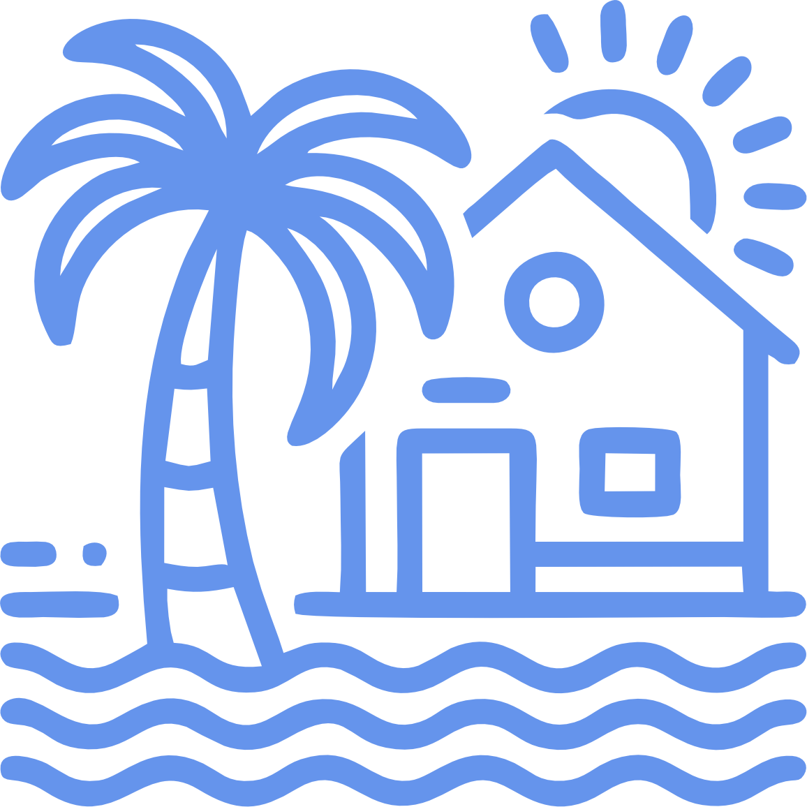 A blue icon of a house with a palm tree and waves.