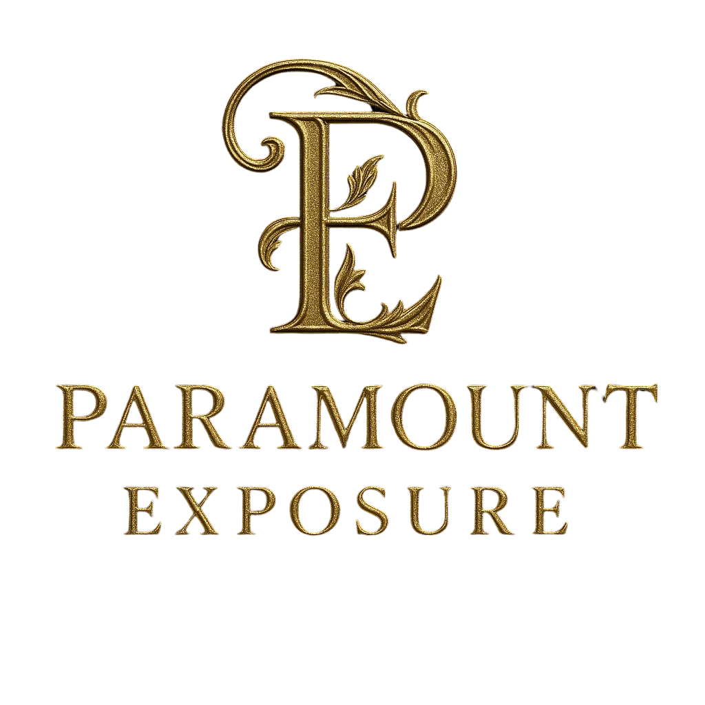 Paramount Exposure gold monogram “PE” logo on white background
