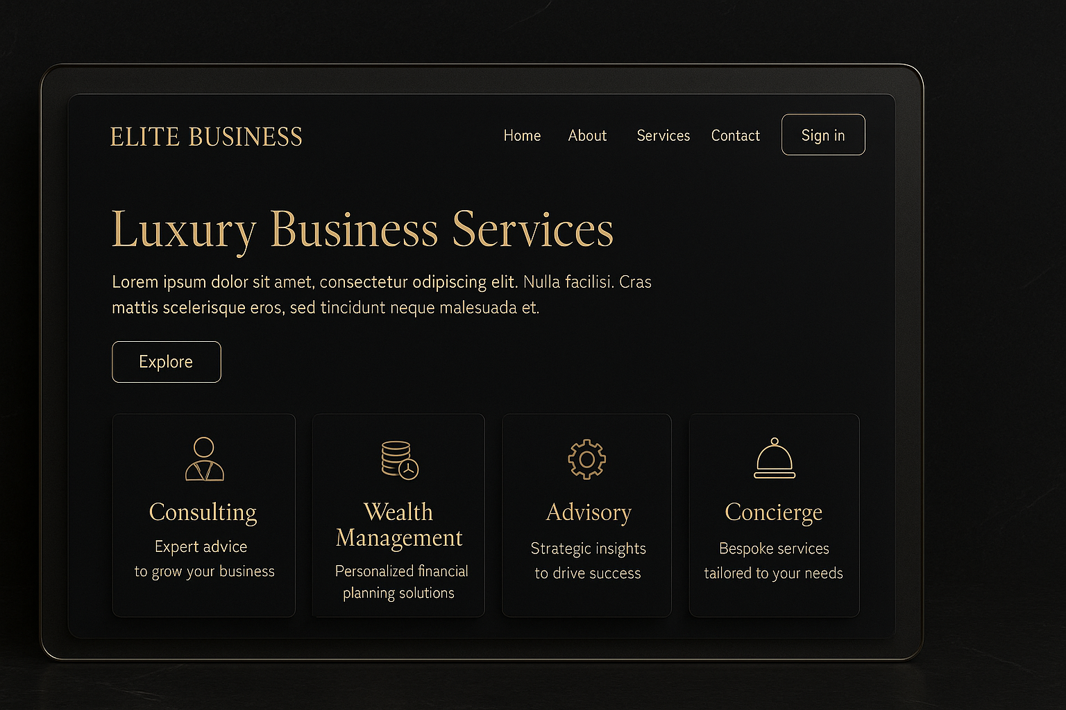 Paramount Exposure luxury UX/UI design showcasing consulting, wealth management, advisory and concierge services.
