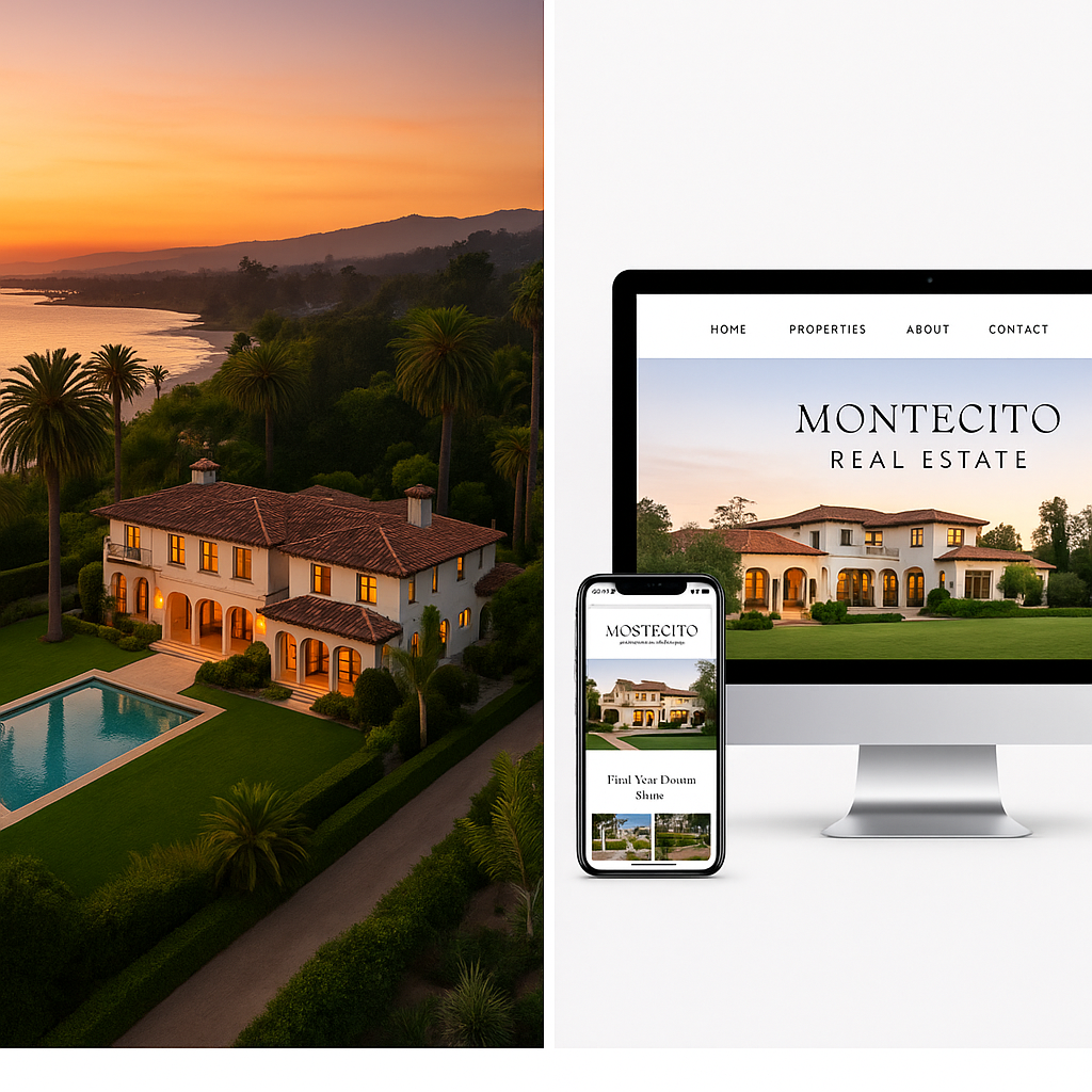 Aerial sunset view of a Montecito mansion and a responsive real estate website mockup on desktop.