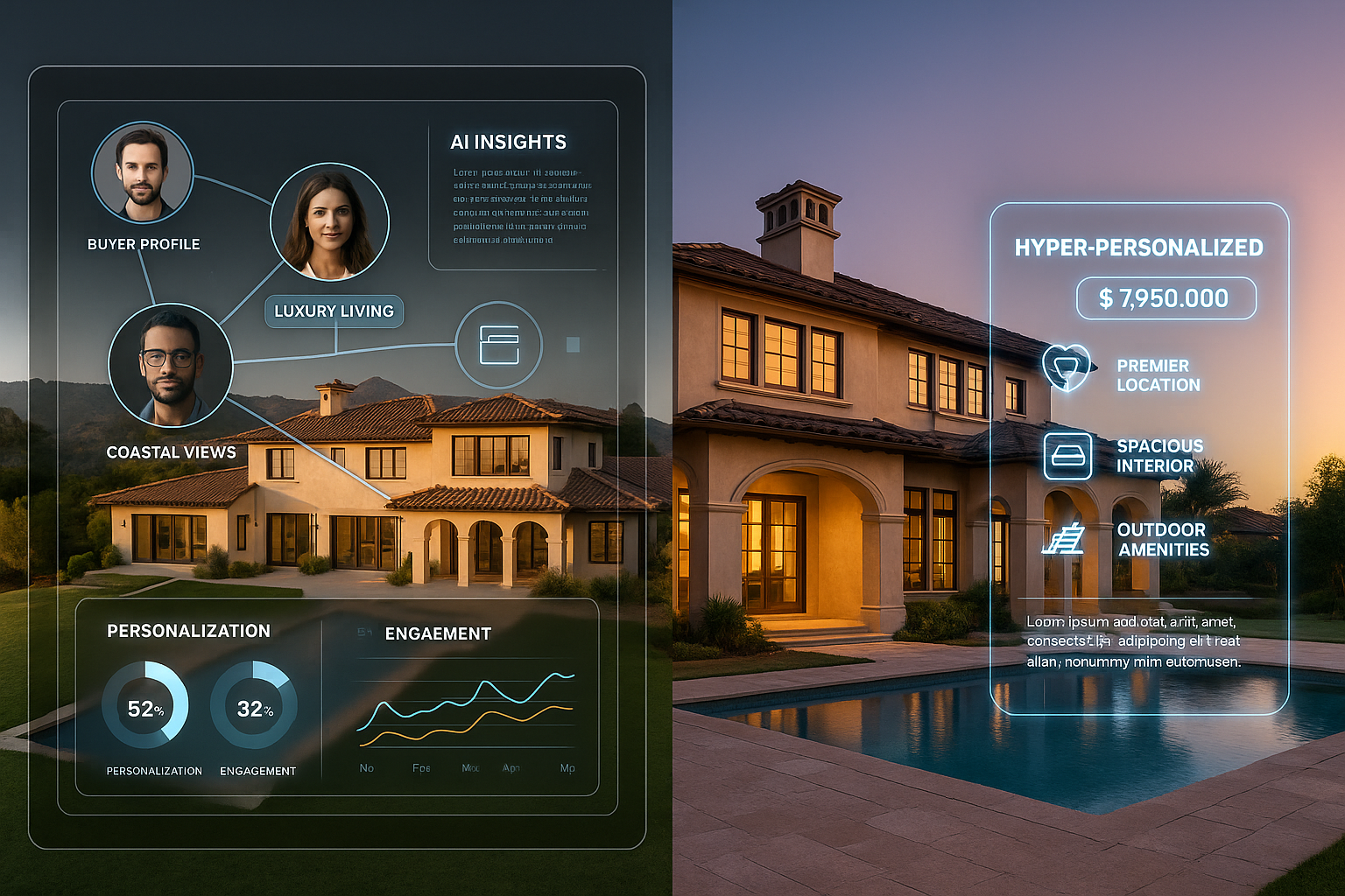 AI dashboard overlay on a Montecito villa at twilight showing personalized buyer profiles, metrics, 