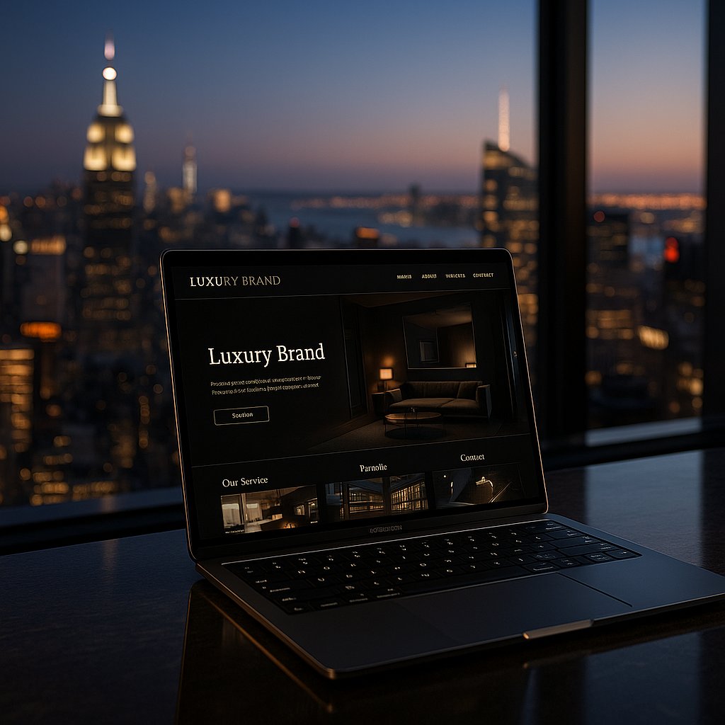 Luxury laptop displaying Paramount Exposure analytics dashboard against New York City skyline