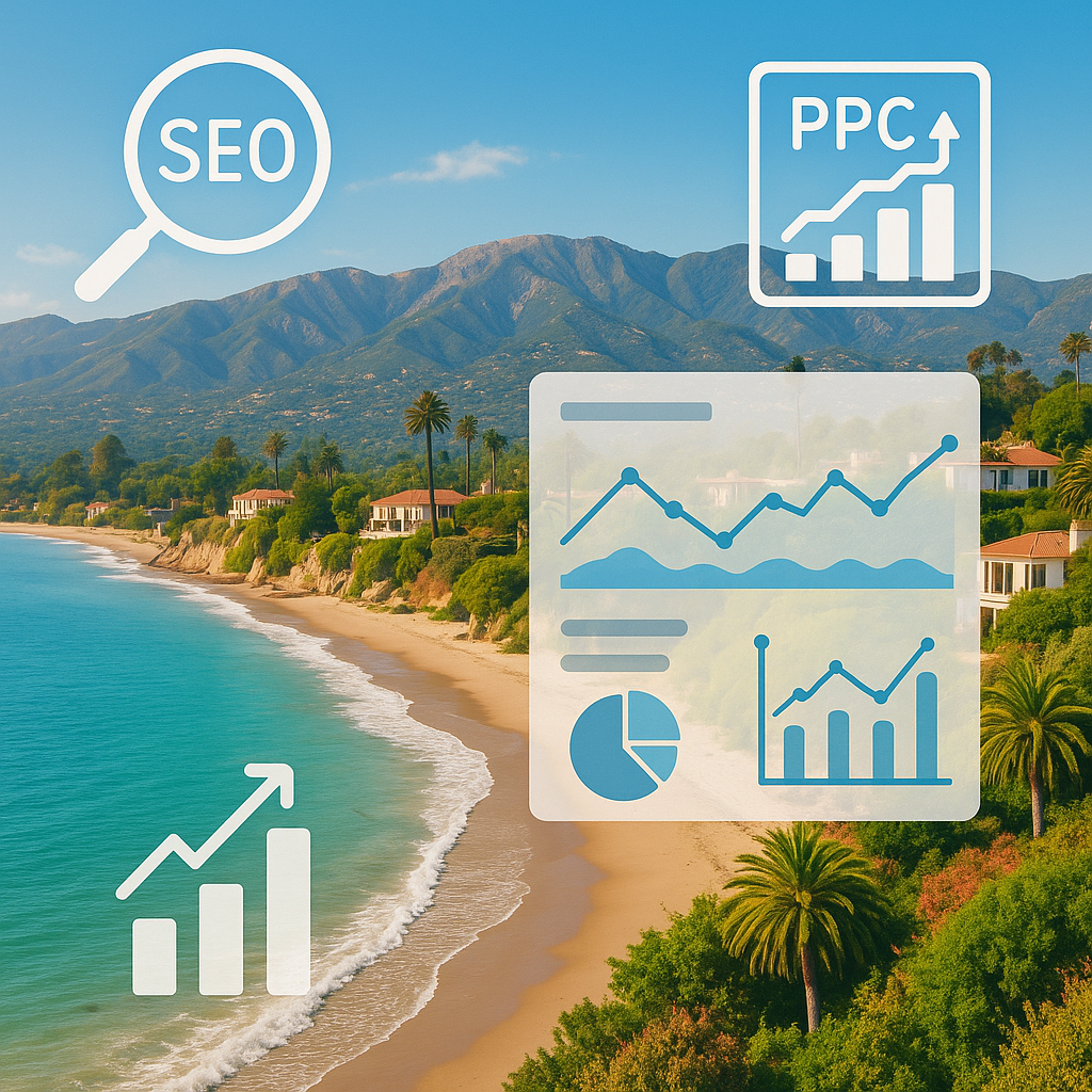Aerial view of Montecito coastline with overlaid SEO and PPC analytics icons.