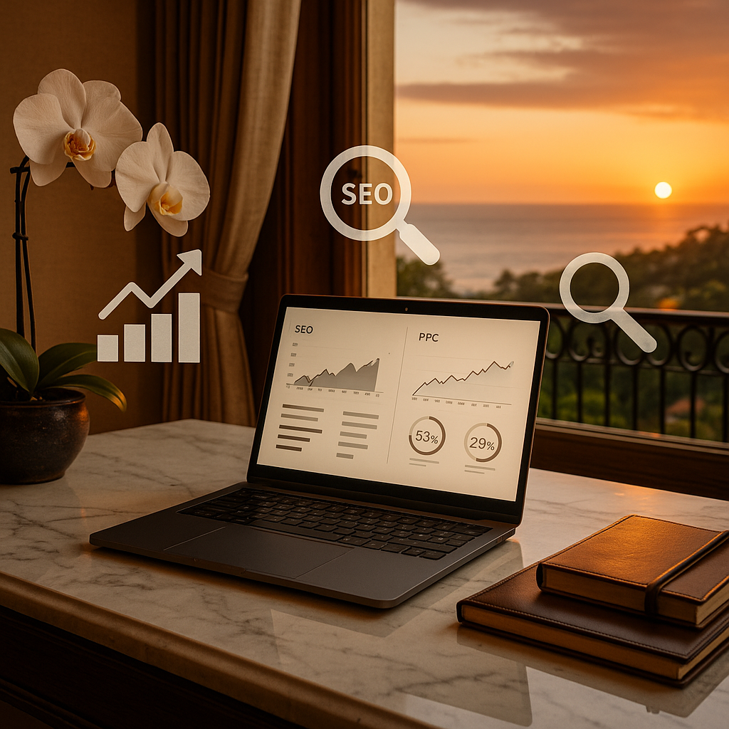 Montecito home office with SEO & PPC analytics displayed on laptop