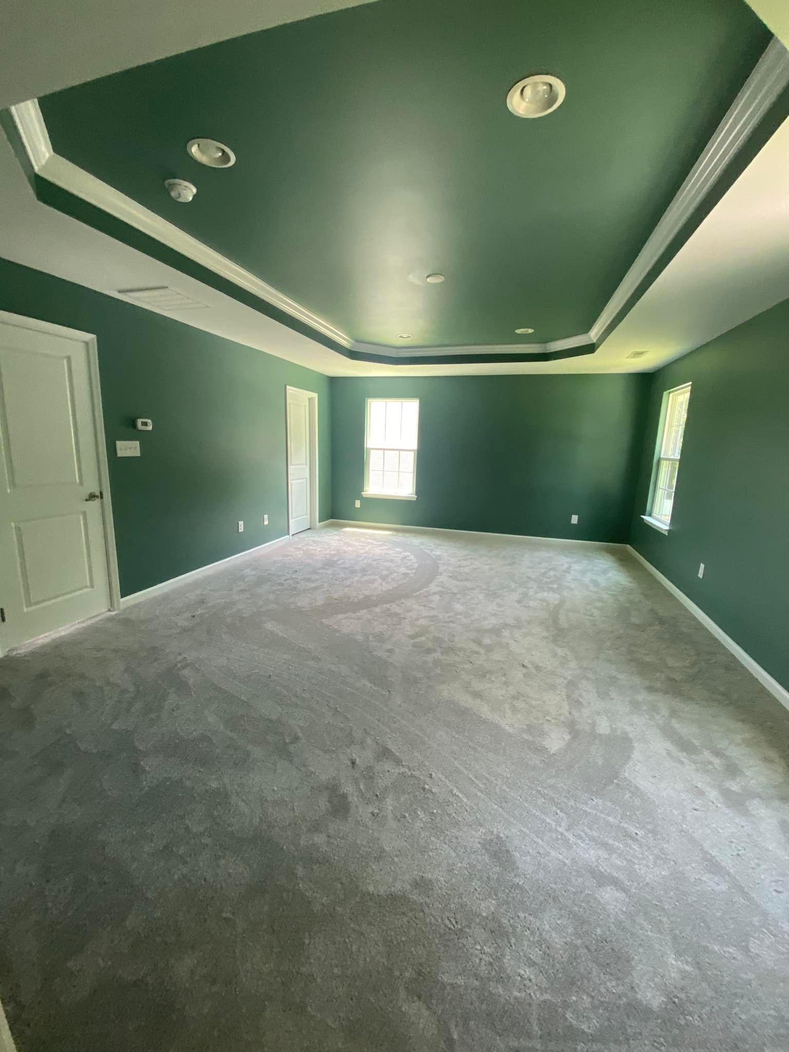 A large empty room with green walls and a gray carpet.