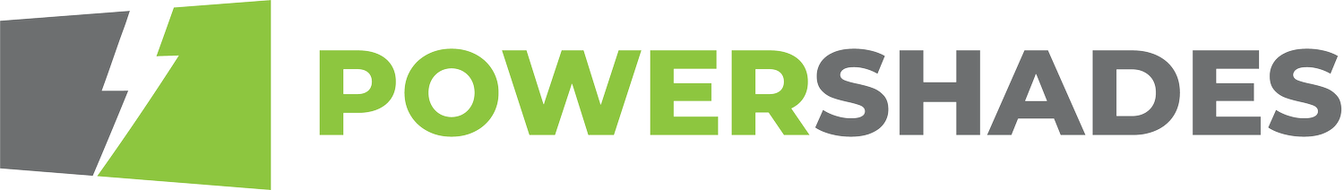 A green and gray logo for powershades with a lightning bolt.