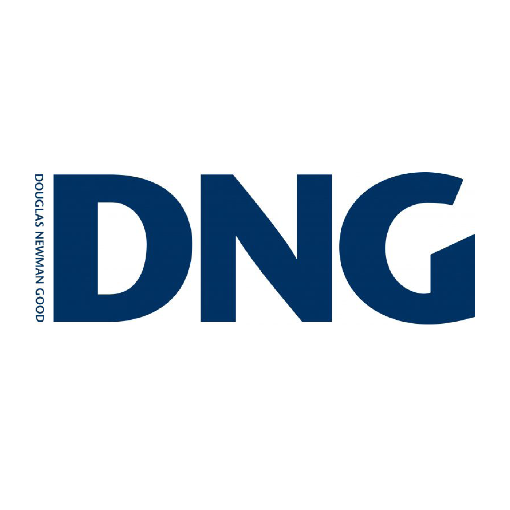A blue and white logo for dng on a white background