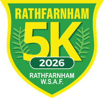 A green and yellow logo for rathfarnham 5k in 2025