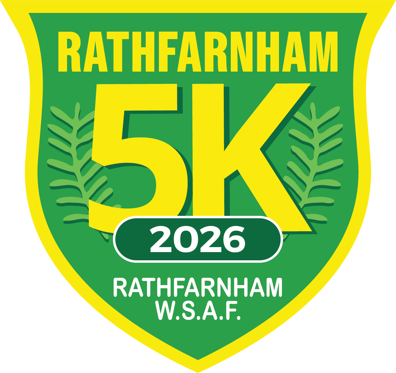 A green and yellow logo for rathfarnham 5k in 2025