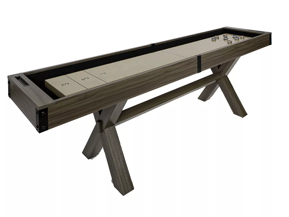 Shuffleboard table with wooden surface and dark brown frame. Pucks on the surface.