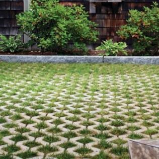 Green lawn interspersed with zigzag-patterned concrete blocks, against a wood-paneled wall.