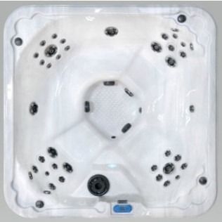 Overhead view of a square, white hot tub with multiple jet clusters and a central drain.