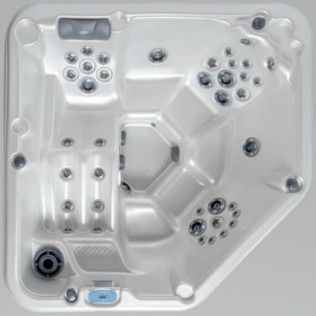 Overhead view of a white, square hot tub with multiple jet clusters and seating areas.