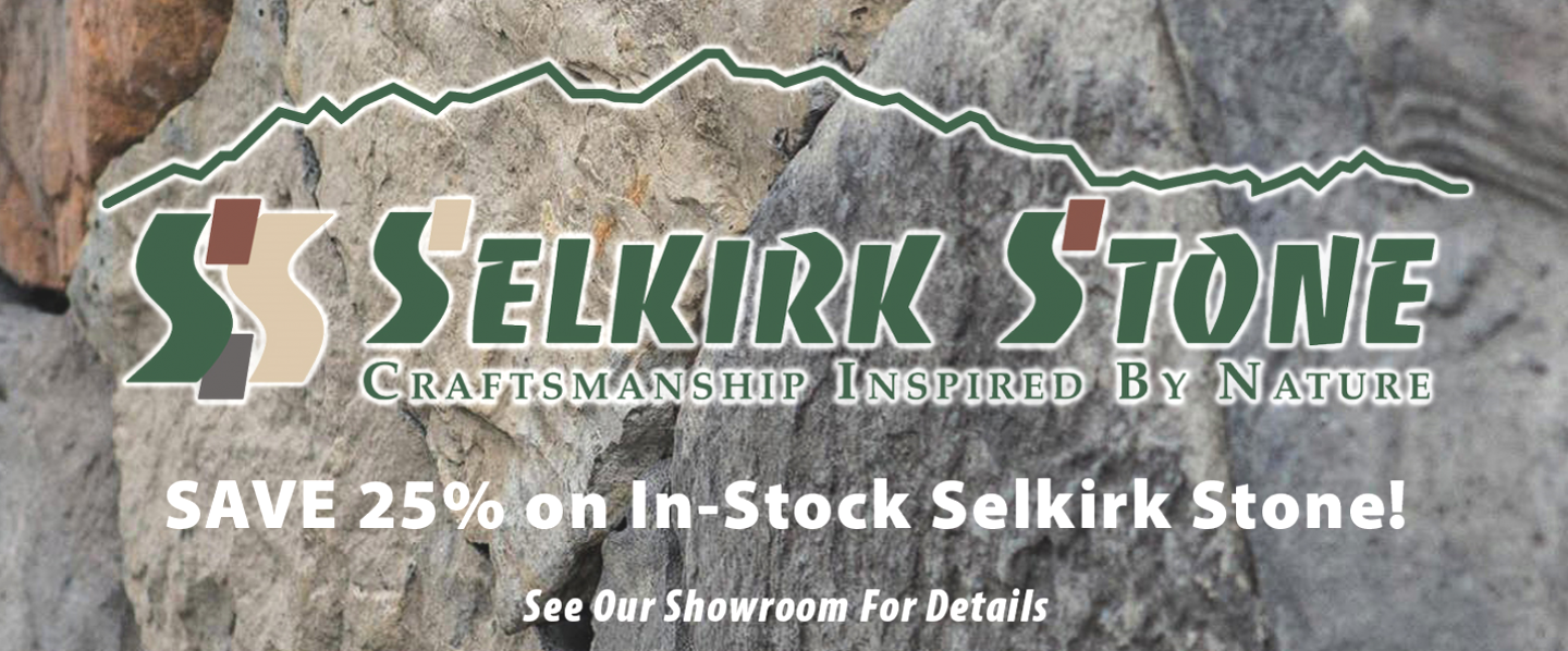 Ad for Selkirk Stone, offering 25% off in-stock stone. Displays logo and text on a stone background.