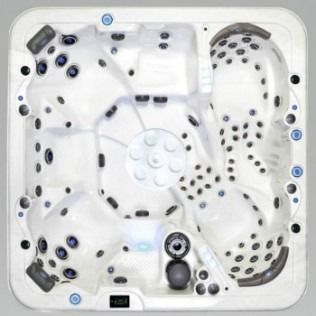 Overhead view of a square, white hot tub with multiple seating areas and numerous jets.