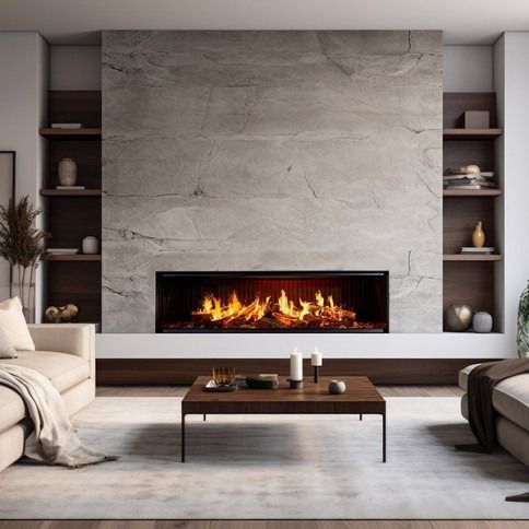 Living room with fireplace, shelves, and beige couches. A lit electric fireplace sits below a gray stone accent wall.