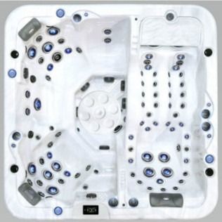 Overhead view of a white, multi-person hot tub with blue jets and a square shape.