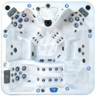 Top-down view of a white square hot tub with numerous blue jets.