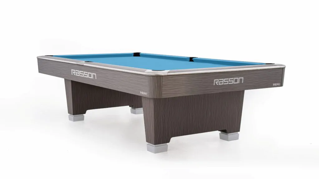Wooden air hockey table with dark brown frame and legs, and a light-colored playing surface.