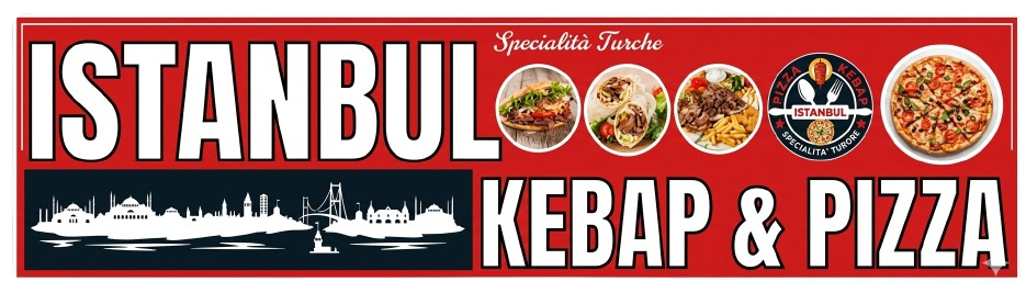 Un'insegna rossa per Istanbul Kebap & Pizza con la silhouette dello skyline della città, immagini di cibo e il logo su sfondo bianco.