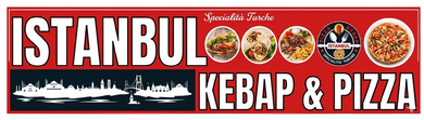 Un'insegna rossa per Istanbul Kebap & Pizza con la silhouette dello skyline della città, immagini di cibo e il logo su sfondo bianco.