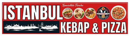 Un'insegna rossa per Istanbul Kebap & Pizza con la silhouette dello skyline della città, immagini di cibo e il logo su sfondo bianco.