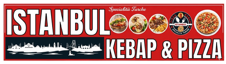 Un'insegna rossa per Istanbul Kebap & Pizza con la silhouette dello skyline della città, immagini di cibo e il logo su sfondo bianco.