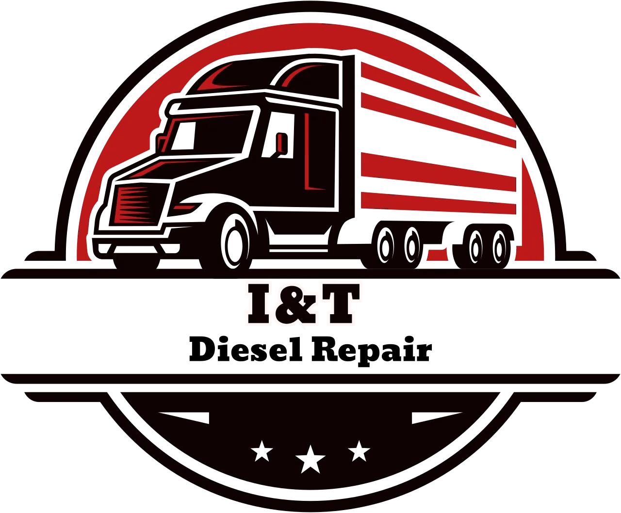 I&T Diesel Repair logo with red semi-truck and bold black text on a white and black badge