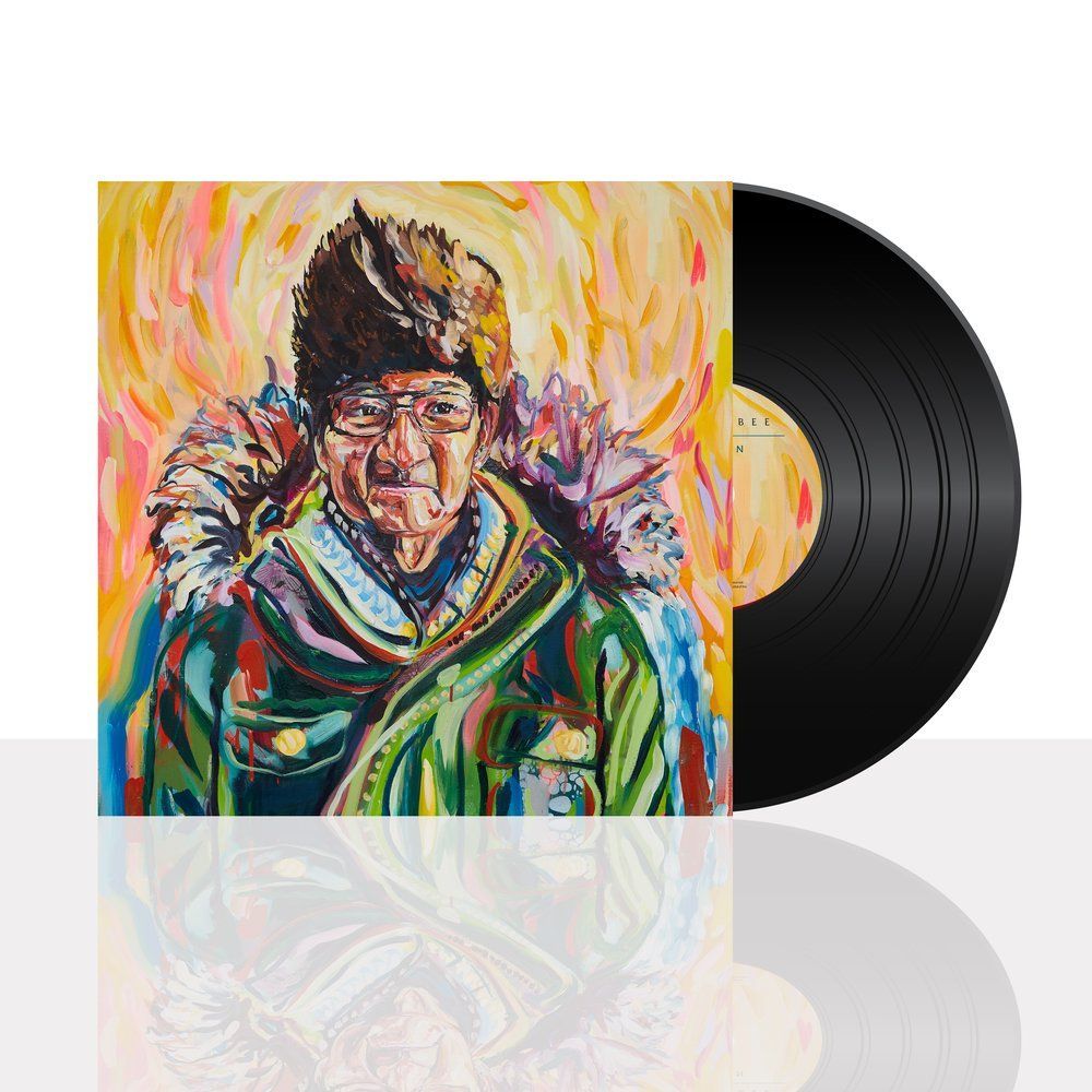 A record with a painting of a man on it