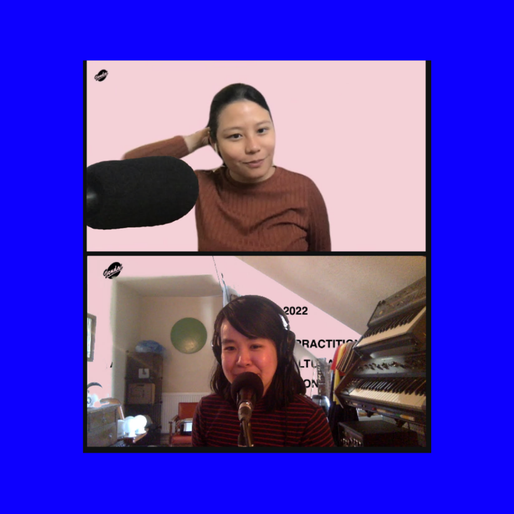 A photo of Marsya Marahani and Petrina Ng speaking into microphones for a podcast. Their photos are placed on top of a bright blue background.