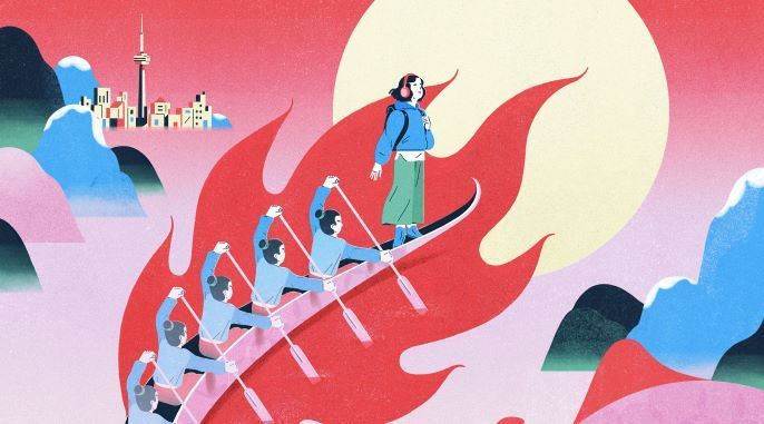 Banner image for Dragon's Tale. An illustration depicting a dragon boat over red waves. At the top of the dragon boat, there is an image of a girl with a hoodie and headphones on looking out to the horizon.