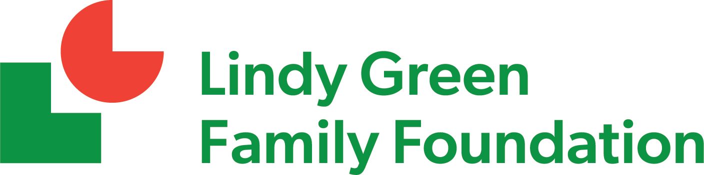 The lindy green family foundation logo is green and red