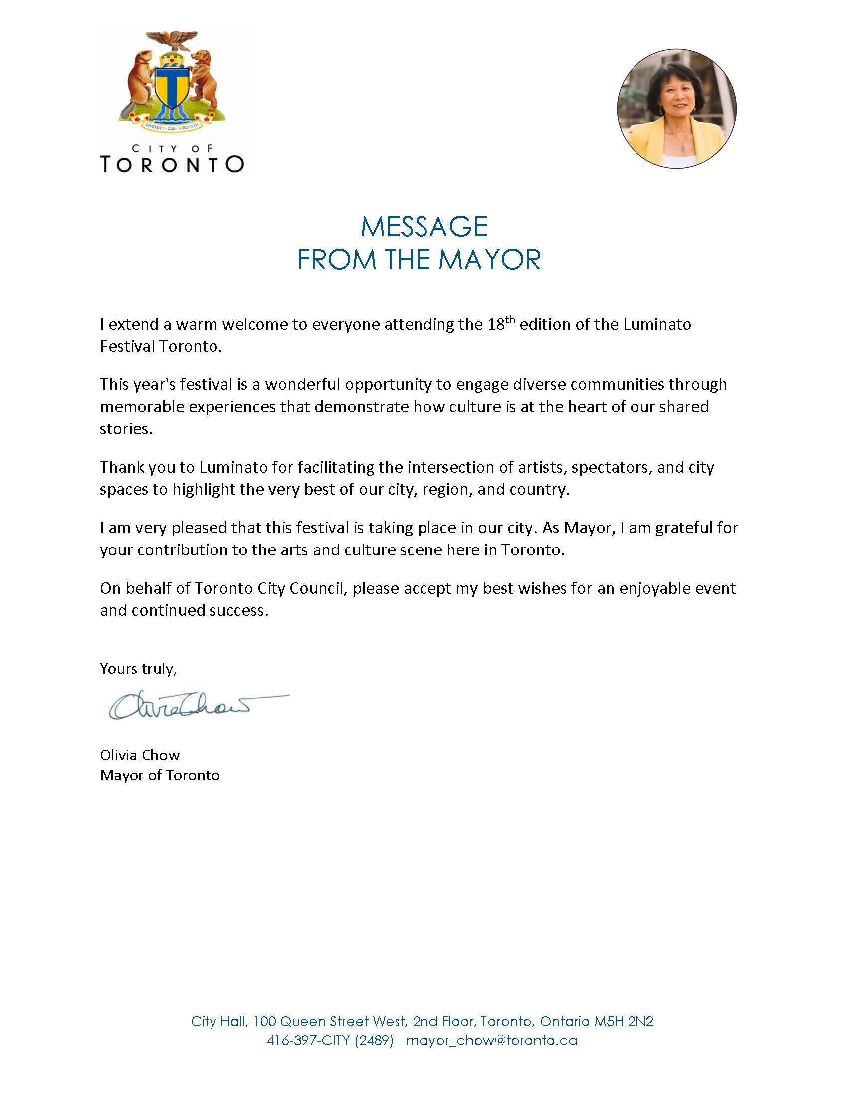 A letter from the mayor of toronto