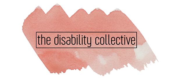 The logo for the disability collective is a red brush stroke on a white background.