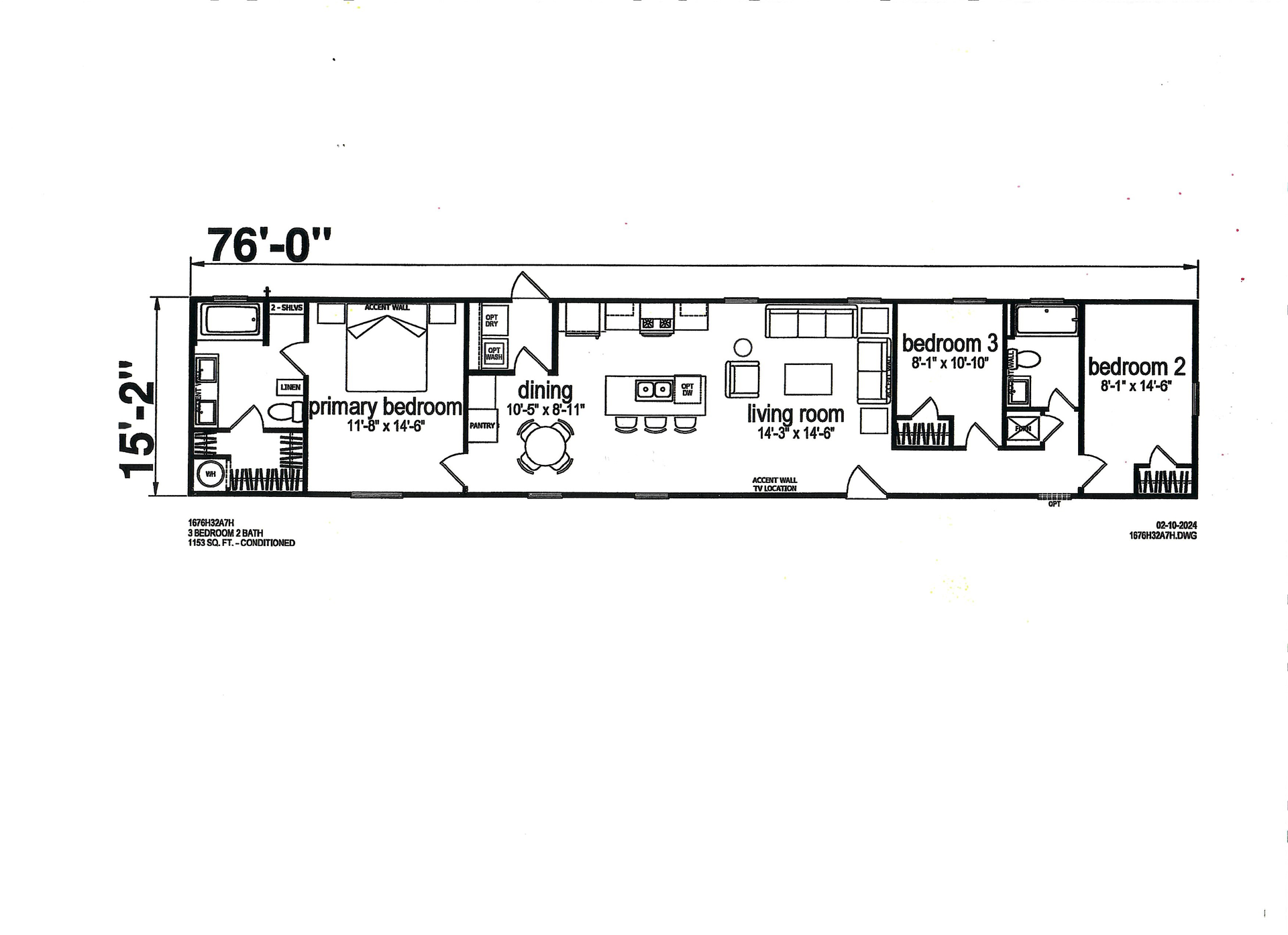 A black and white floor plan of a mobile home with measurements.