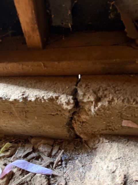 House under construction with light blue foam walls and wooden roof frame on a hillside.