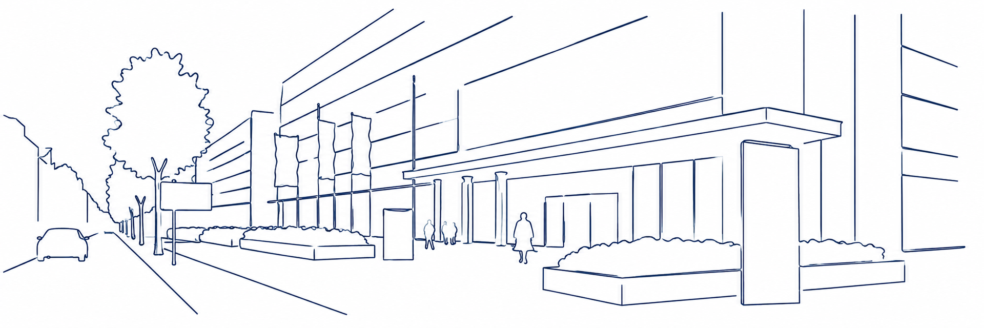 Minimalistische lijntekening van een moderne straat met bomen, gebouwen en een weg onder een heldere hemel.