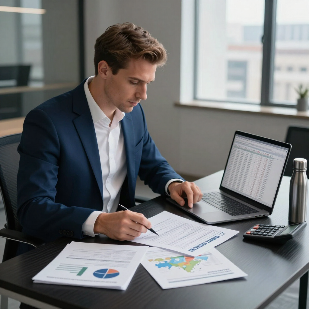Een man in een blauwe blazer bekijkt grafieken aan een bureau met een laptop in een modern kantoor.